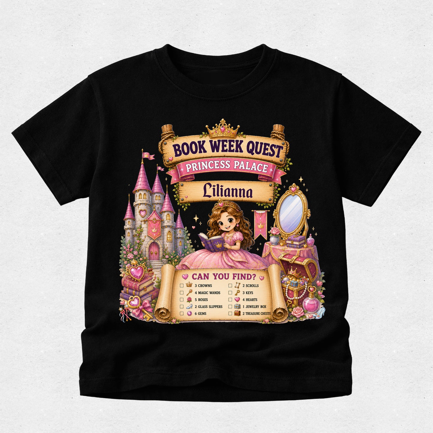 A black short-sleeve t-shirt with a colorful graphic print featuring a princess, a castle, and a treasure chest, with the text 'BOOK WEEK QUEST', 'PRINCESS PALACE', and 'Citianna'.