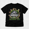 Black t-shirt with dinosaur graphic and 'Roar! I'm 5 Birthday Boy' text on a light gray background