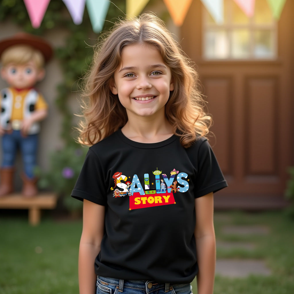 Child wearing a black t-shirt with 'Sally's Story' text, standing outdoors with a toy figure in the background.