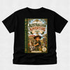 A black short-sleeve crewneck t-shirt featuring a large graphic print of a children's book titled 'The Australian Adventure' by Timmy, displayed on a light gray textured background.