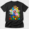 Black t-shirt with colorful 'Super Mario' design and text on a white background