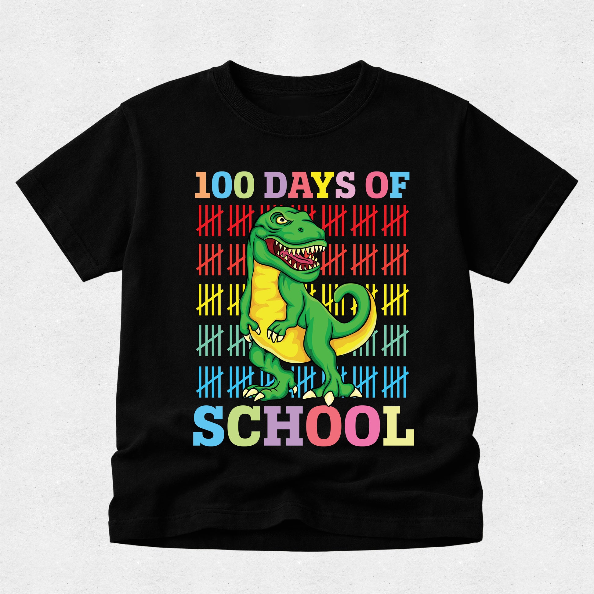 Black t-shirt with a dinosaur graphic and '100 Days of School' text on a light gray background