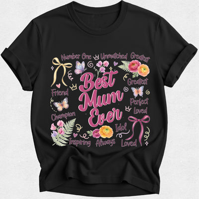 Black t-shirt with decorative text and floral designs on a white background