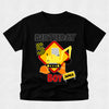 Black t-shirt with a construction-themed design and 'Birthday Boy James' text on a light gray background