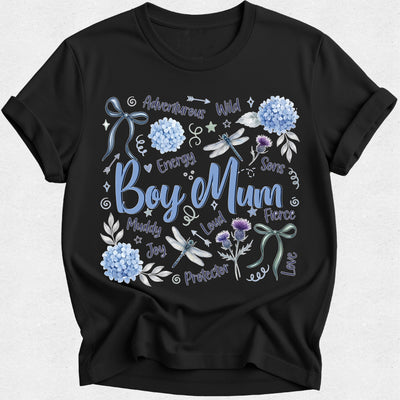 Black t-shirt with floral and text design on a light gray background bpy mum