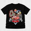Black t-shirt with cartoon characters and number 4 design on a light gray background