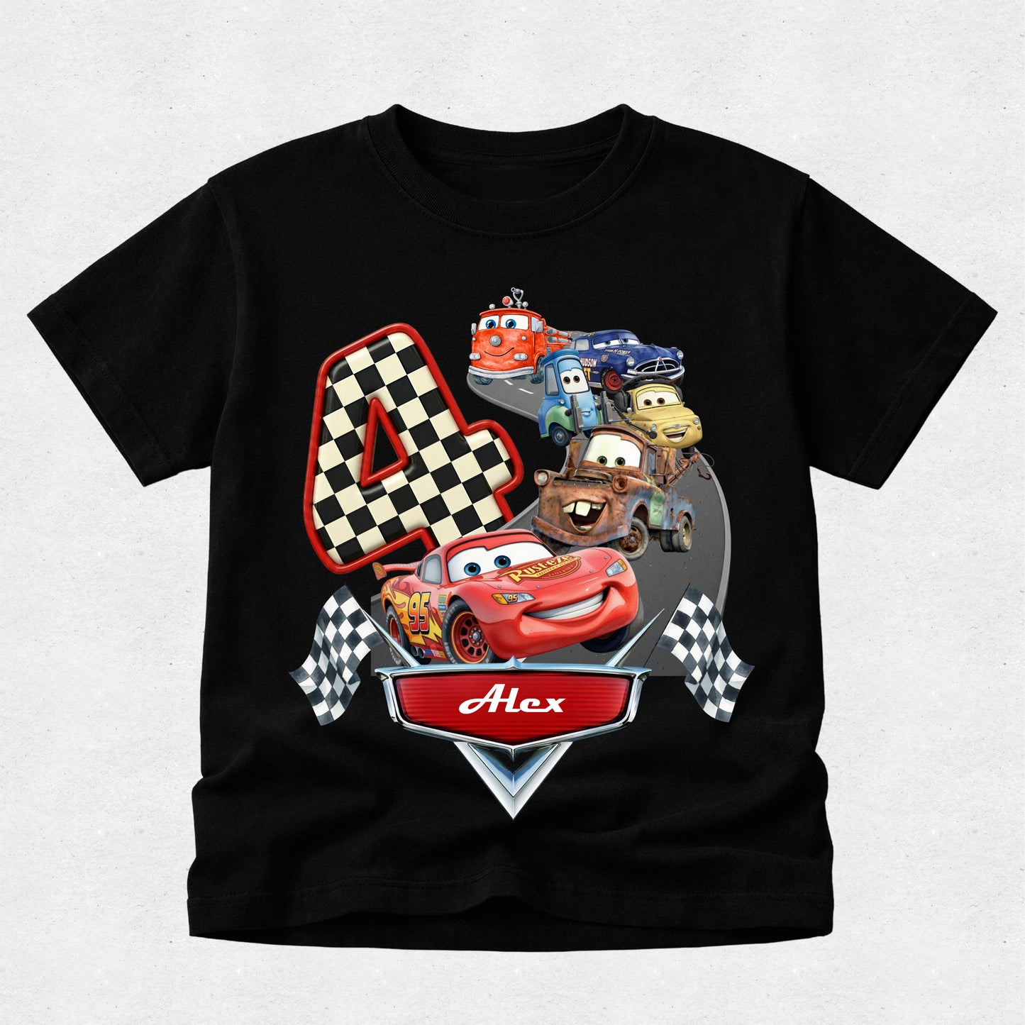 Black t-shirt with cartoon characters and number 4 design on a light gray background