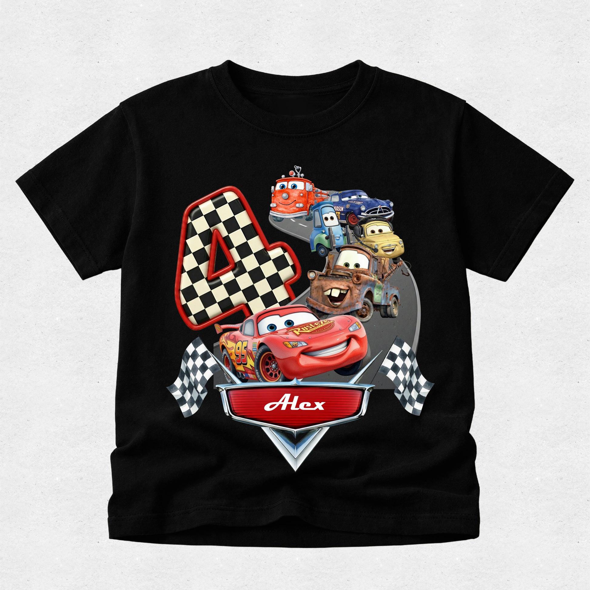 Black t-shirt with cartoon characters and number 4 design on a light gray background