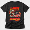 Black t-shirt with a colorful birthday graphic featuring a car and text on a white background