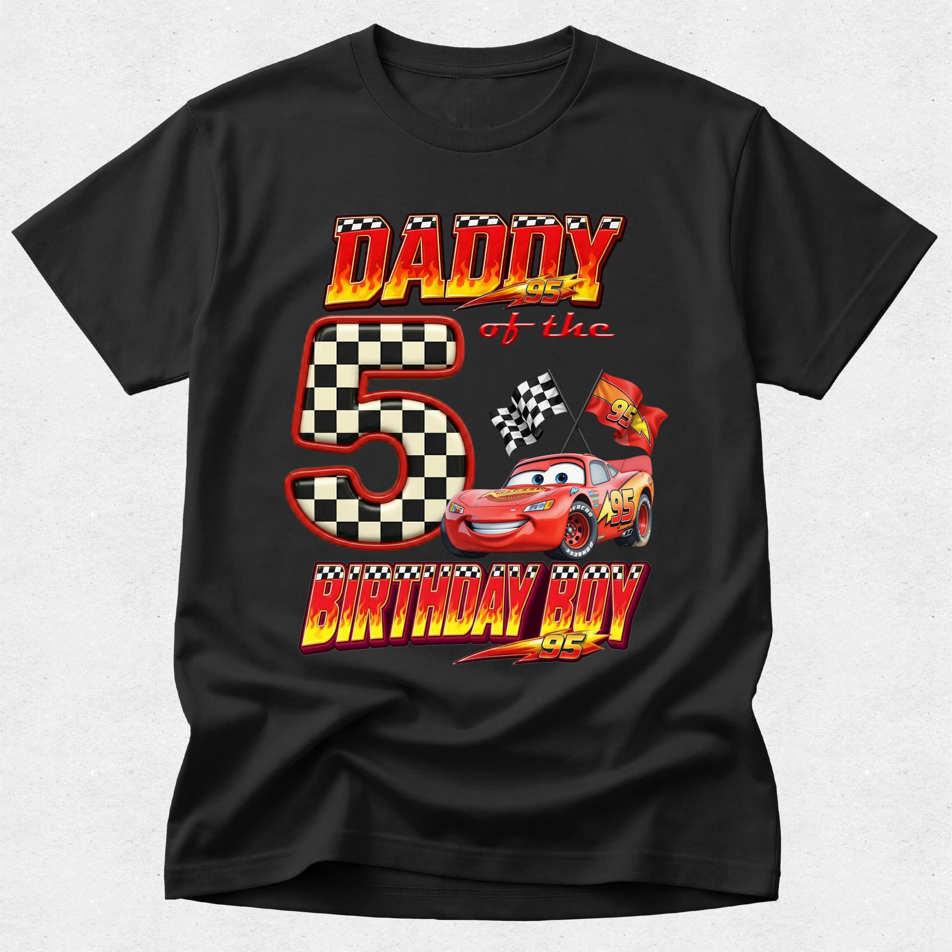 Black t-shirt with a colorful birthday graphic featuring a car and text on a white background