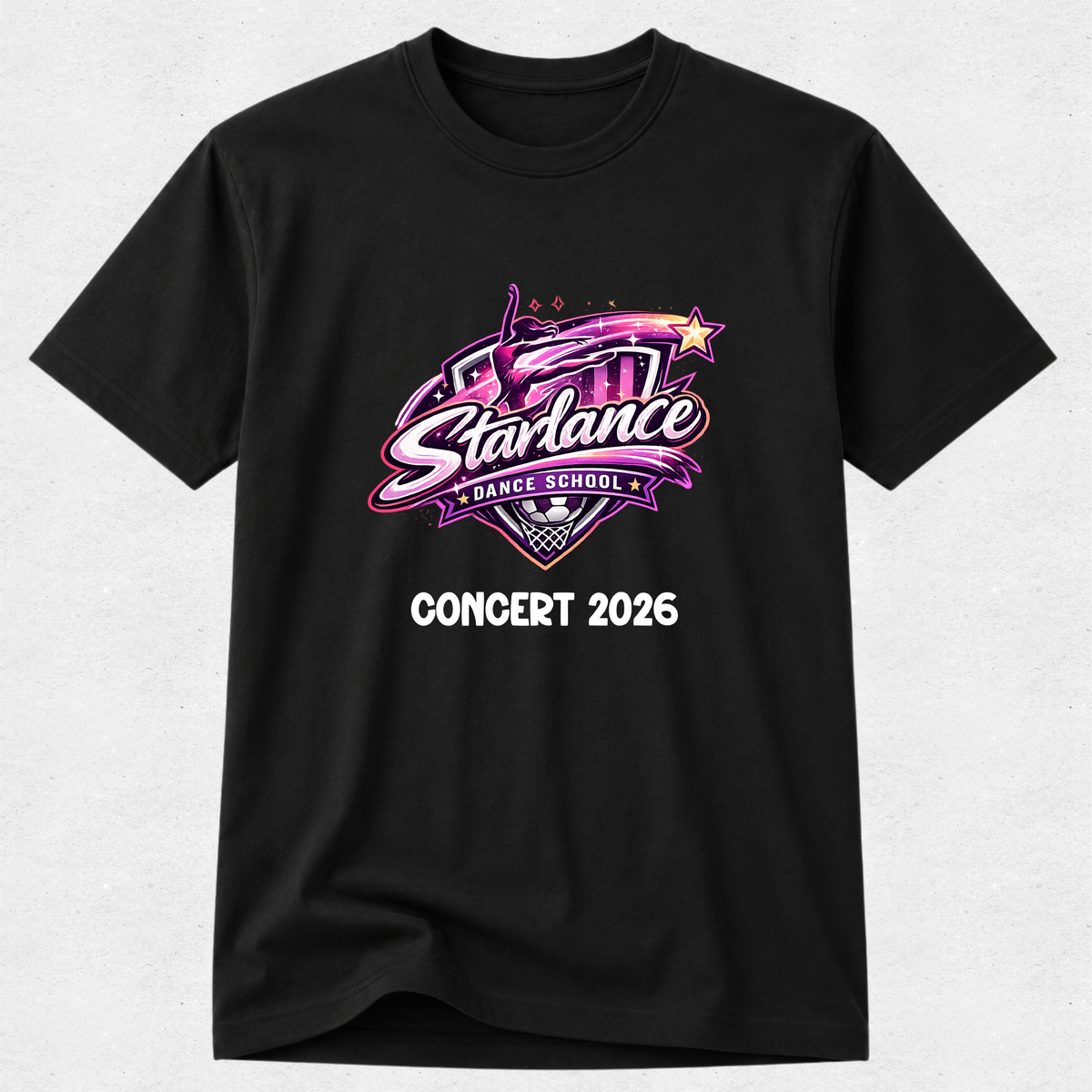 A black short-sleeve crewneck t-shirt featuring a colorful graphic on the chest. The graphic displays a purple and pink roller skate with the text 'Starlance DANCE SCHOOL' and a star, with 'CONCERT 2026' printed in white below it.