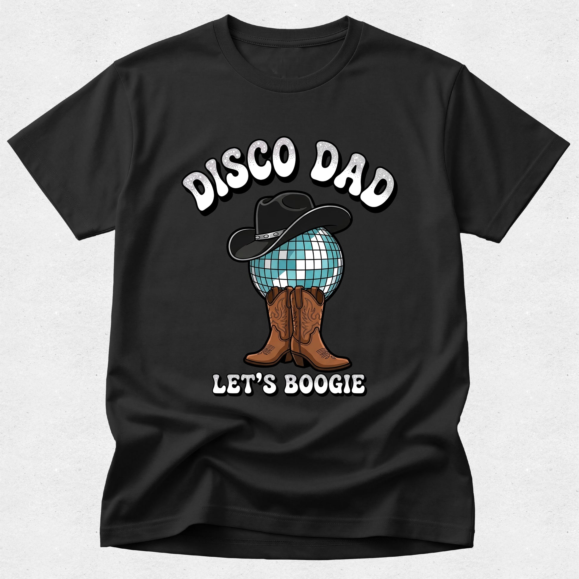 Black t-shirt with 'DISCO DAD LET'S BOOGIE' text and graphic on a white background