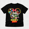 Black t-shirt with colorful Disney-themed graphic on a light gray background