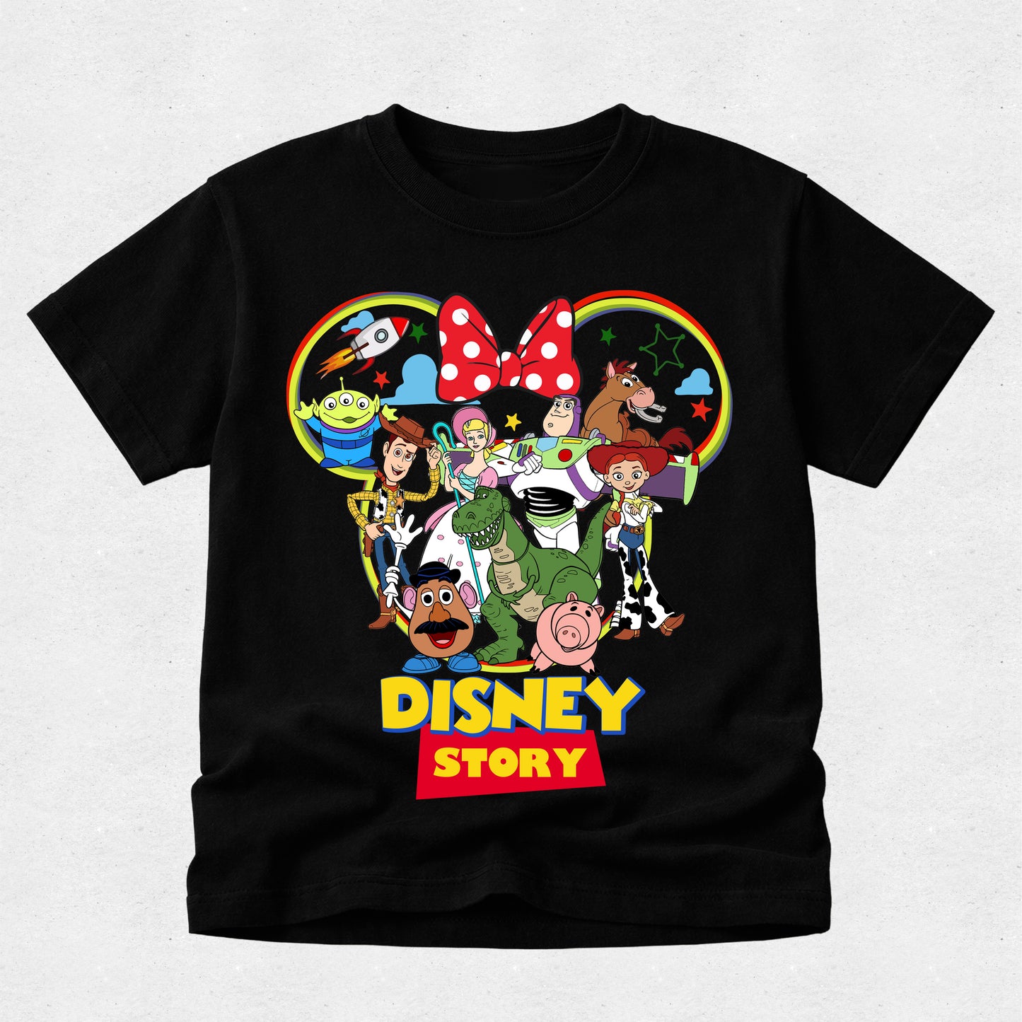 Black t-shirt with colorful Disney-themed graphic on a light gray background