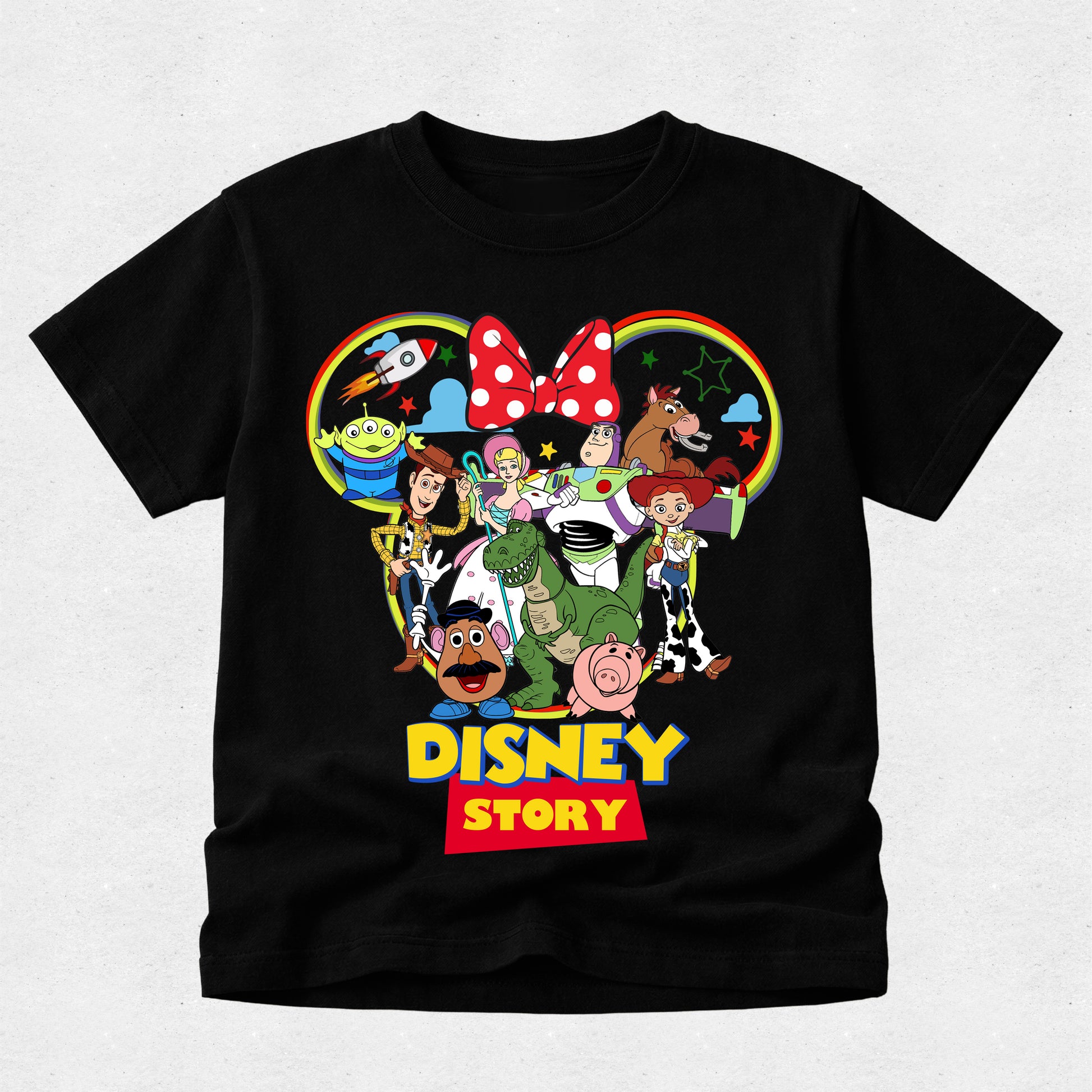 Black t-shirt with colorful Disney-themed graphic on a light gray background