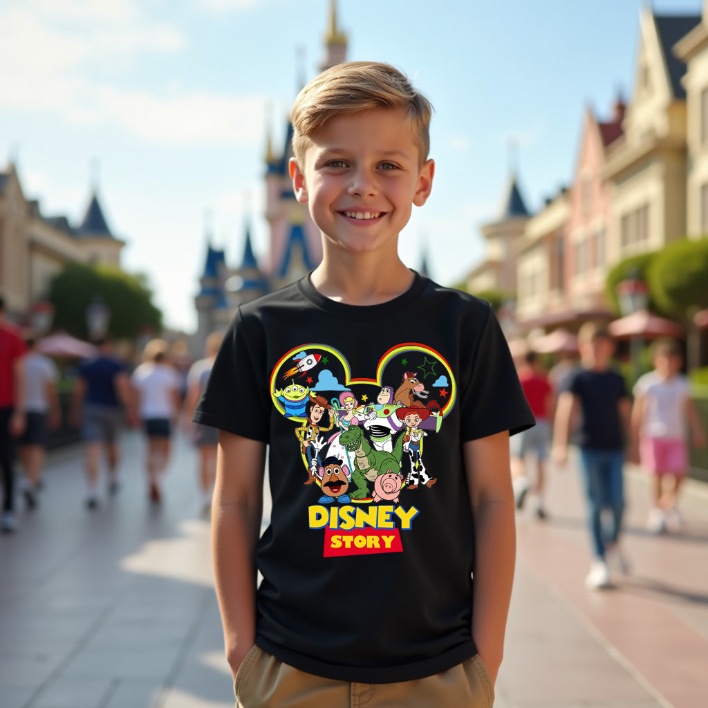 Child wearing a Disney-themed t-shirt with cartoon characters in front of a blurred theme park background.