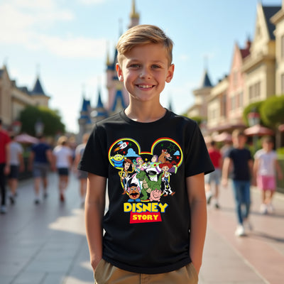 Child wearing a Disney-themed t-shirt with cartoon characters in front of a blurred theme park background.