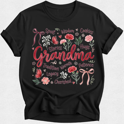 Black t-shirt with floral and text grandma mothers day design on a white background