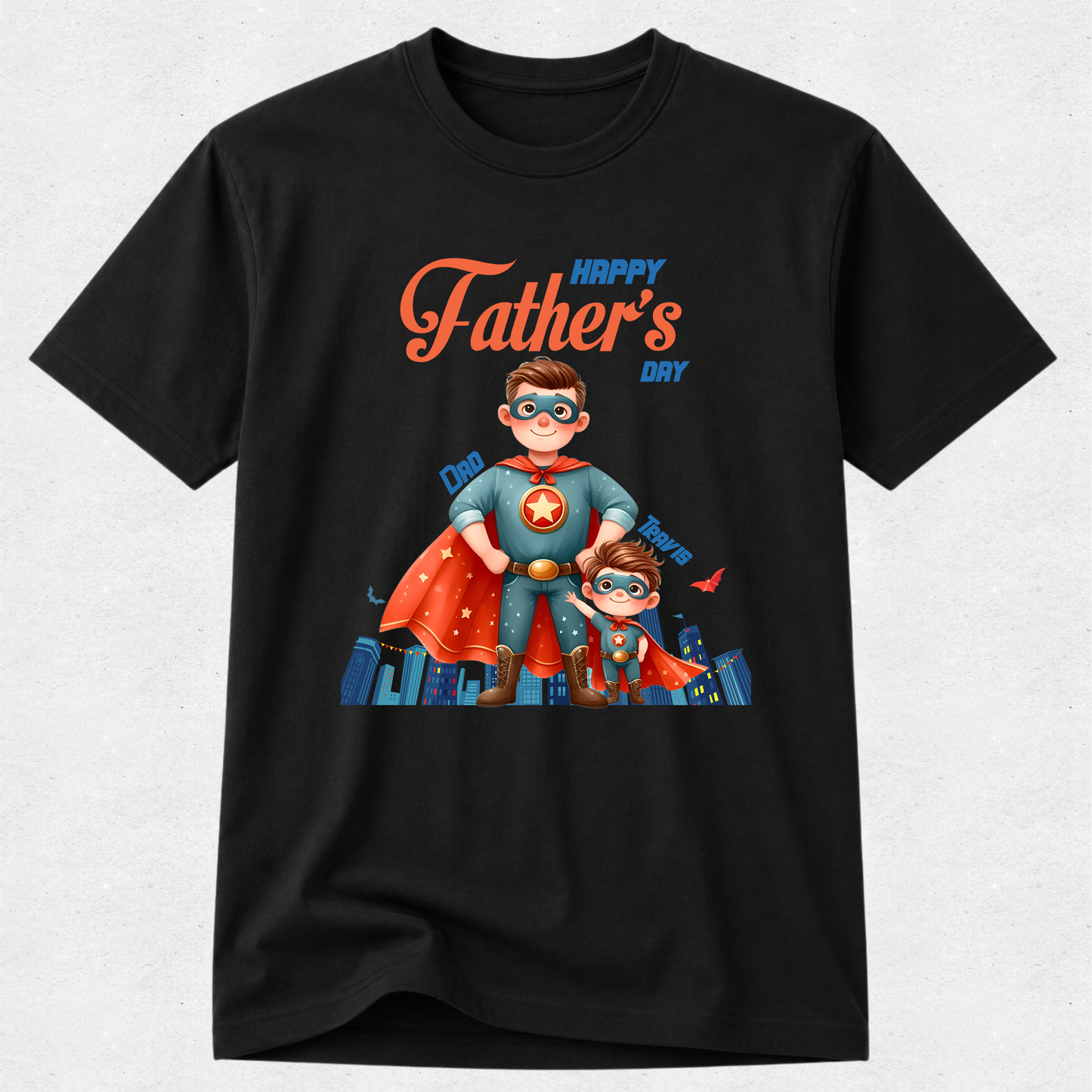 A black short-sleeve crewneck t-shirt featuring a colorful graphic of two cartoon superheroes on a light gray textured background.