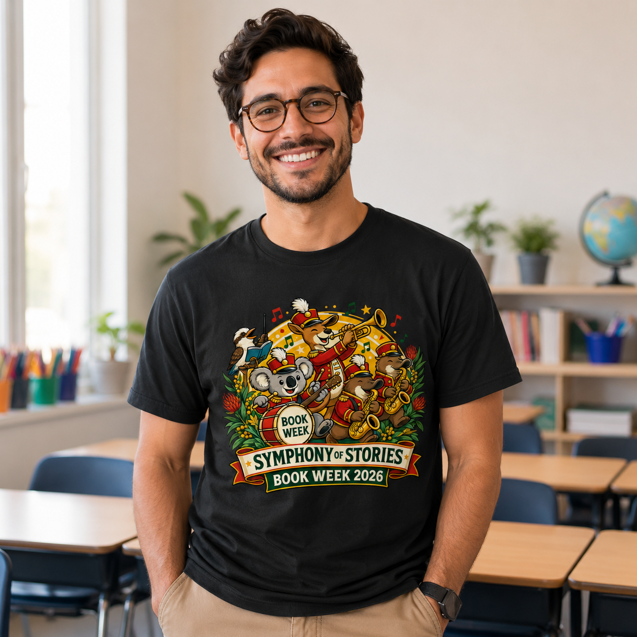 Man wearing a black t-shirt with a colorful design in a classroom setting