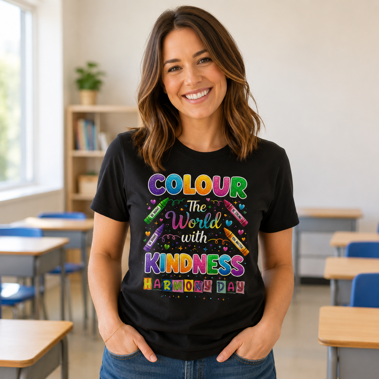 teacher wearing colour the world with kindess tshit
