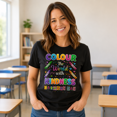 teacher wearing colour the world with kindess tshit