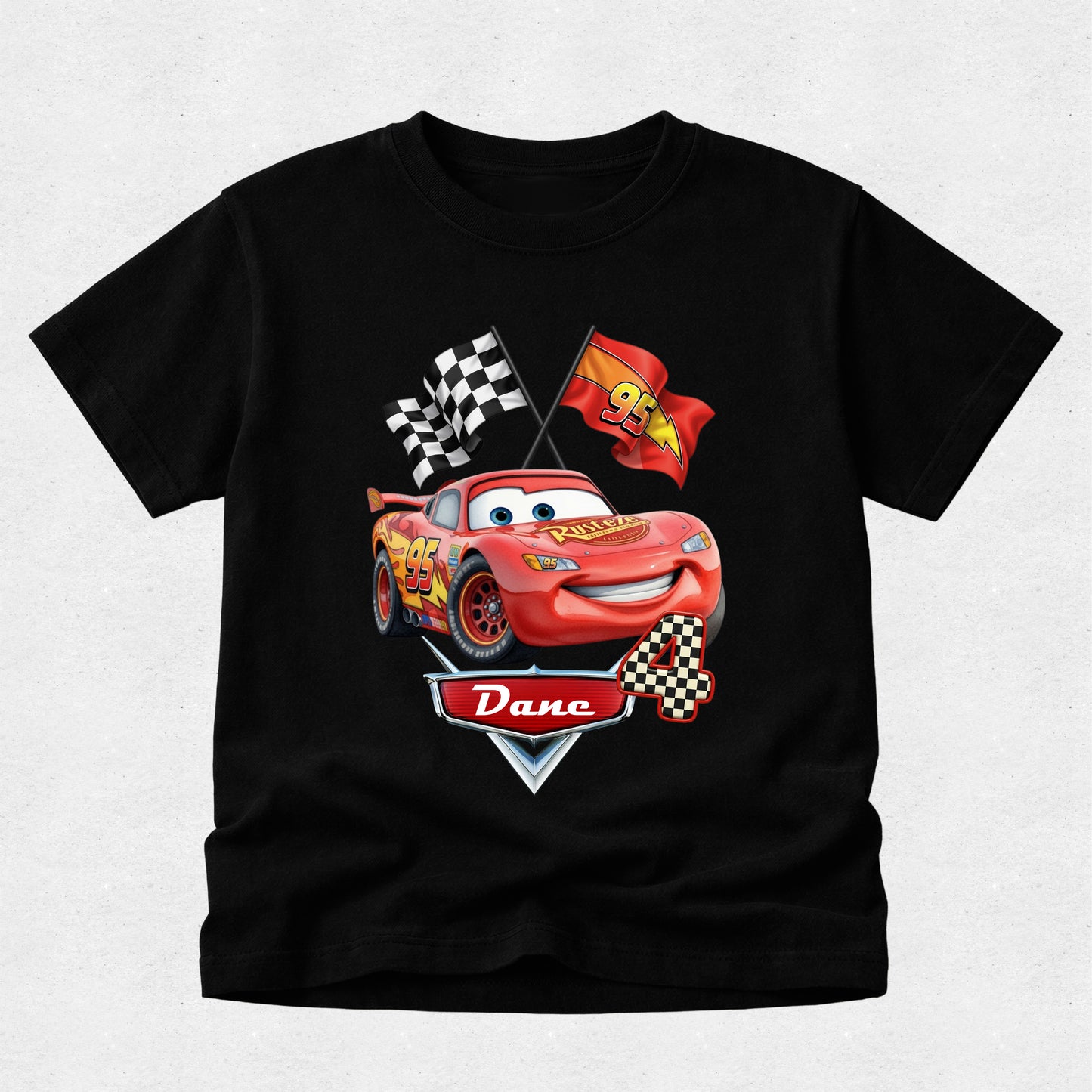 Black t-shirt with a red car graphic and 'Dane' text on a light gray background