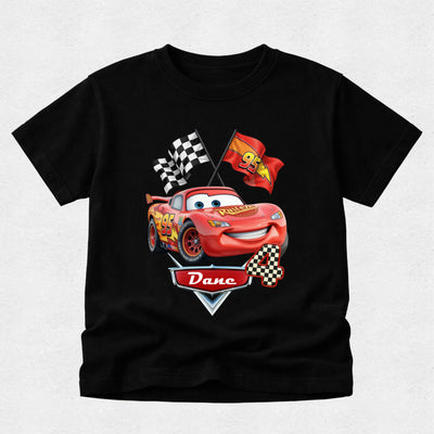 Black t-shirt with a red car graphic and 'Dane' text on a light gray background
