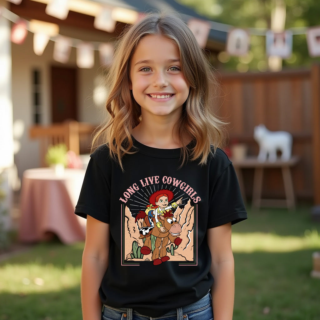 Young girl wearing a black t-shirt with a graphic design outdoors.