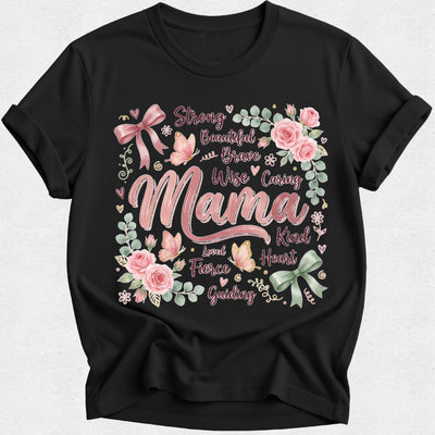 Black t-shirt with floral and text design on a white background
