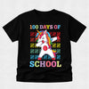Black t-shirt with a colorful unicorn design and '100 Days of School' text on a light gray background