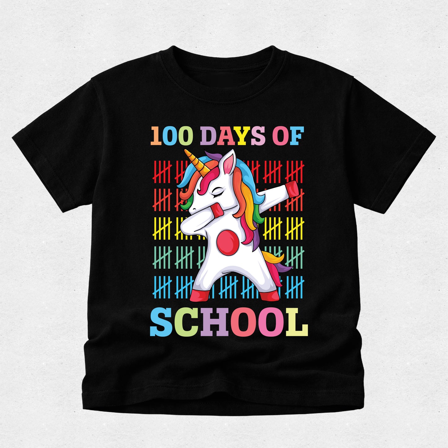 Black t-shirt with a colorful unicorn design and '100 Days of School' text on a light gray background