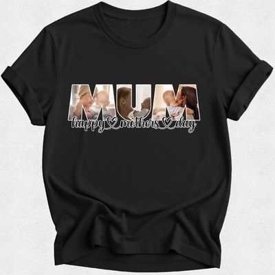 Black t-shirt with 'Mum happy Mother's Day' text and family photo collage on a white background