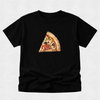 A black short-sleeve crewneck t-shirt featuring a printed graphic of a single slice of pizza with a funny face on the chest, displayed against a light gray textured background.