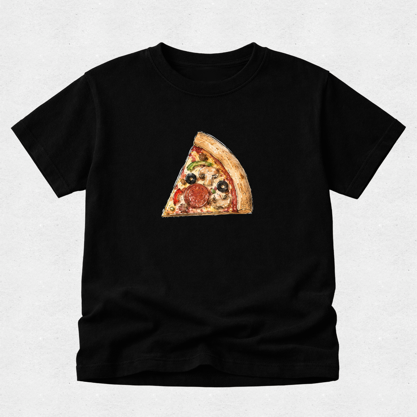 A black short-sleeve crewneck t-shirt featuring a printed graphic of a single slice of pizza with a funny face on the chest, displayed against a light gray textured background.