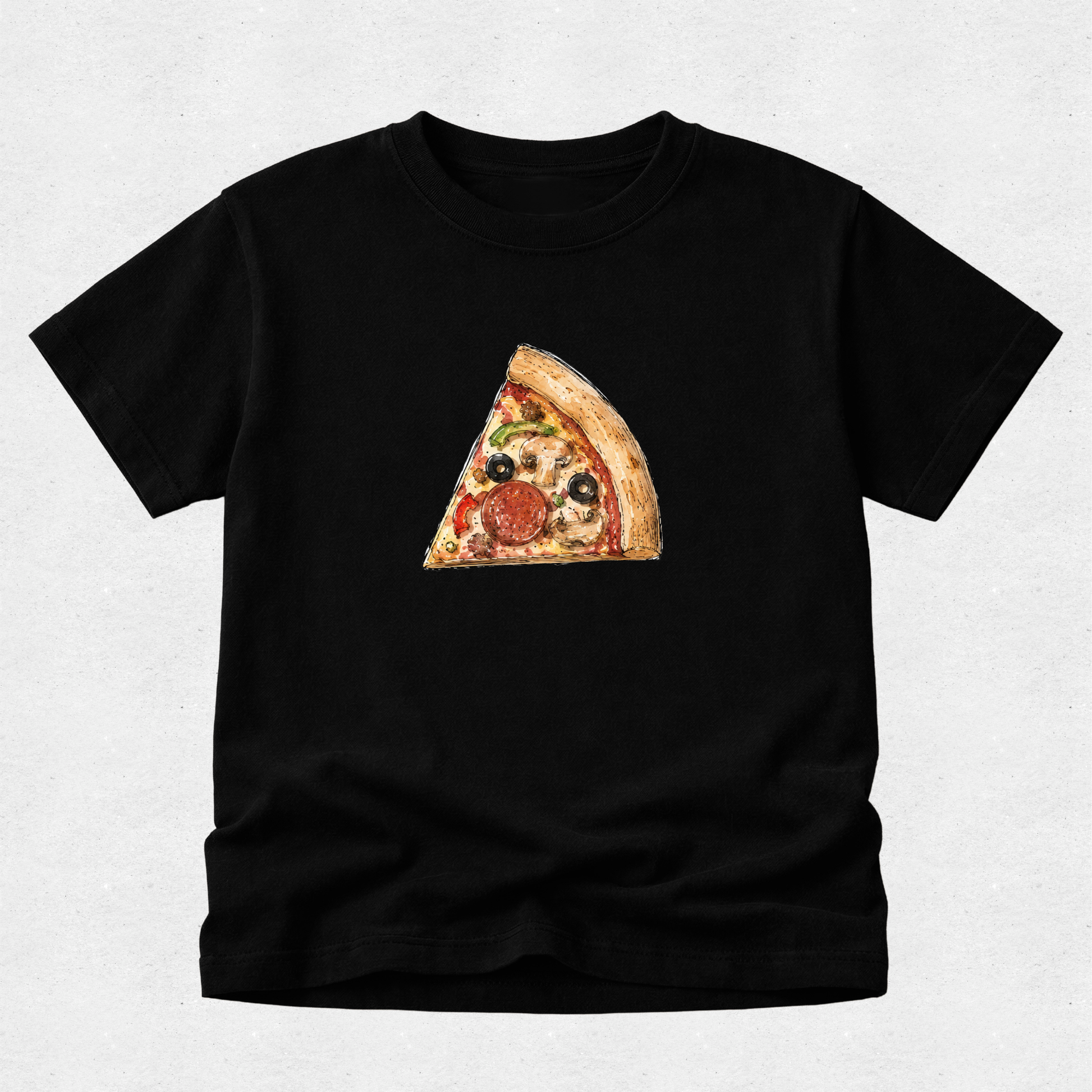 A black short-sleeve crewneck t-shirt featuring a printed graphic of a single slice of pizza with a funny face on the chest, displayed against a light gray textured background.