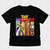 Black t-shirt with Toy Story character design on a light gray background