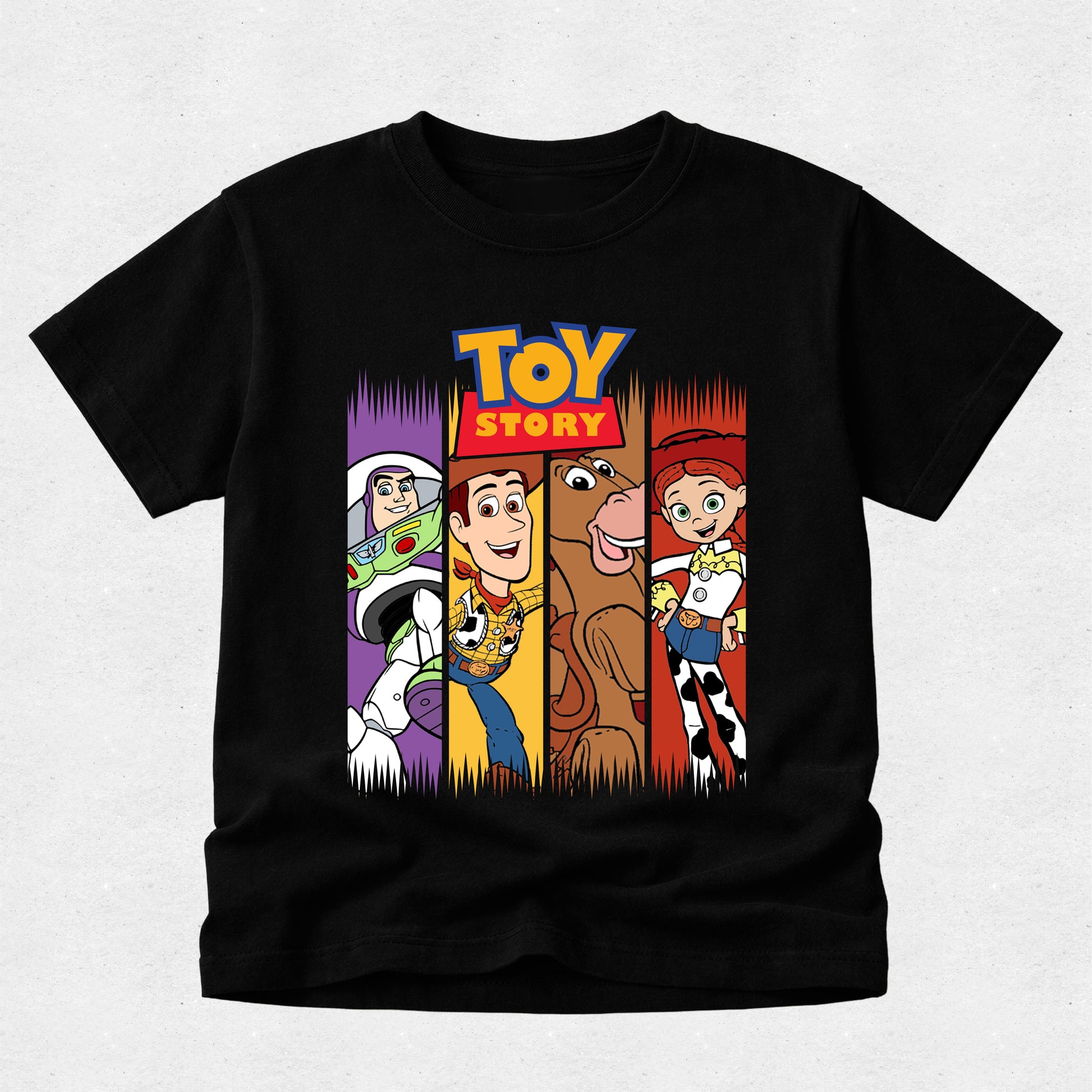 Black t-shirt with Toy Story character design on a light gray background
