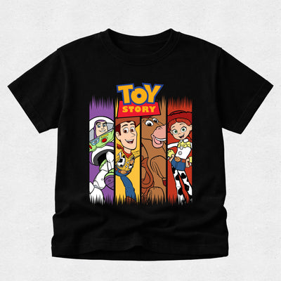 Black t-shirt with Toy Story character design on a light gray background