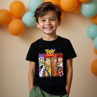 Child wearing a black 'Toy Story' t-shirt with colorful balloons in the background