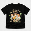 Black t-shirt with animal-themed design and 'Wild One' text on a light gray background