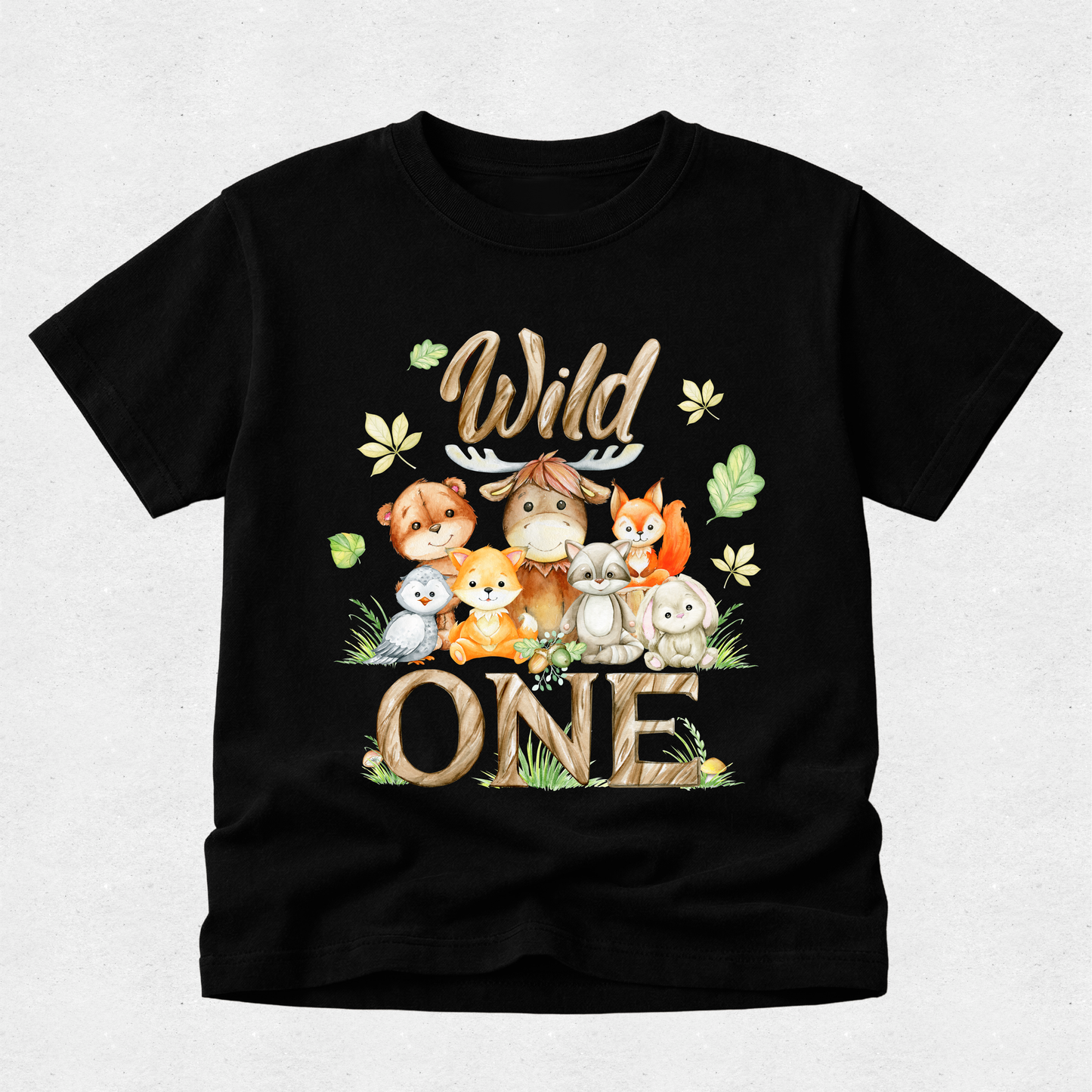 Black t-shirt with animal-themed design and 'Wild One' text on a light gray background