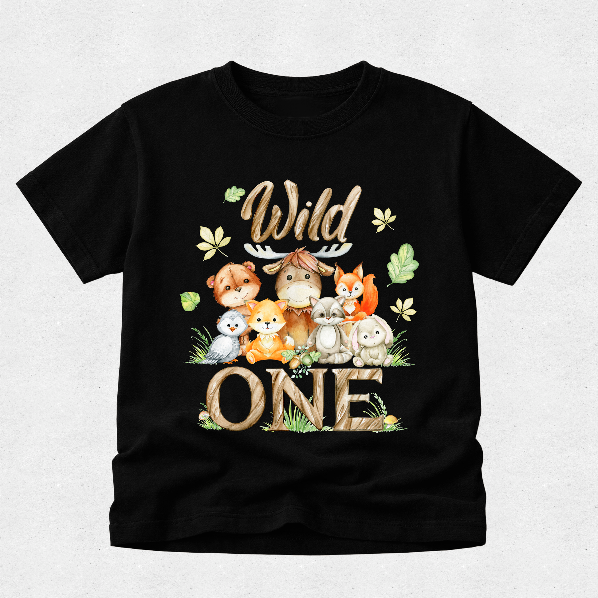 Black t-shirt with animal-themed design and 'Wild One' text on a light gray background