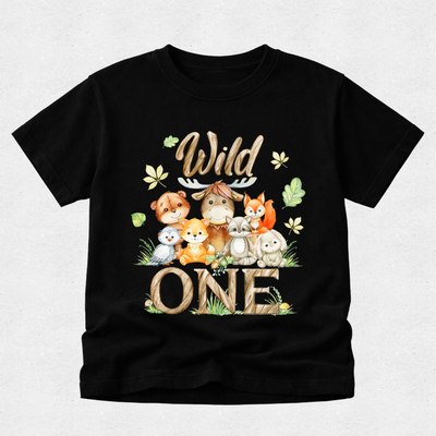 Black t-shirt with animal-themed design and 'Wild One' text on a light gray background