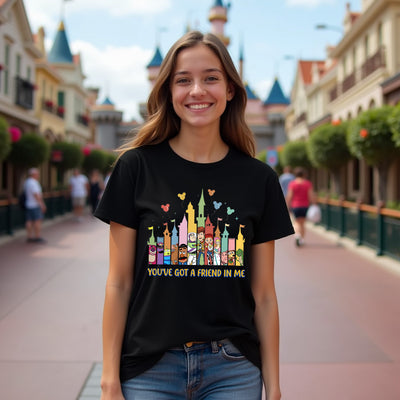 Person wearing a black t-shirt with colorful graphic and text, standing in front of a themed park background.