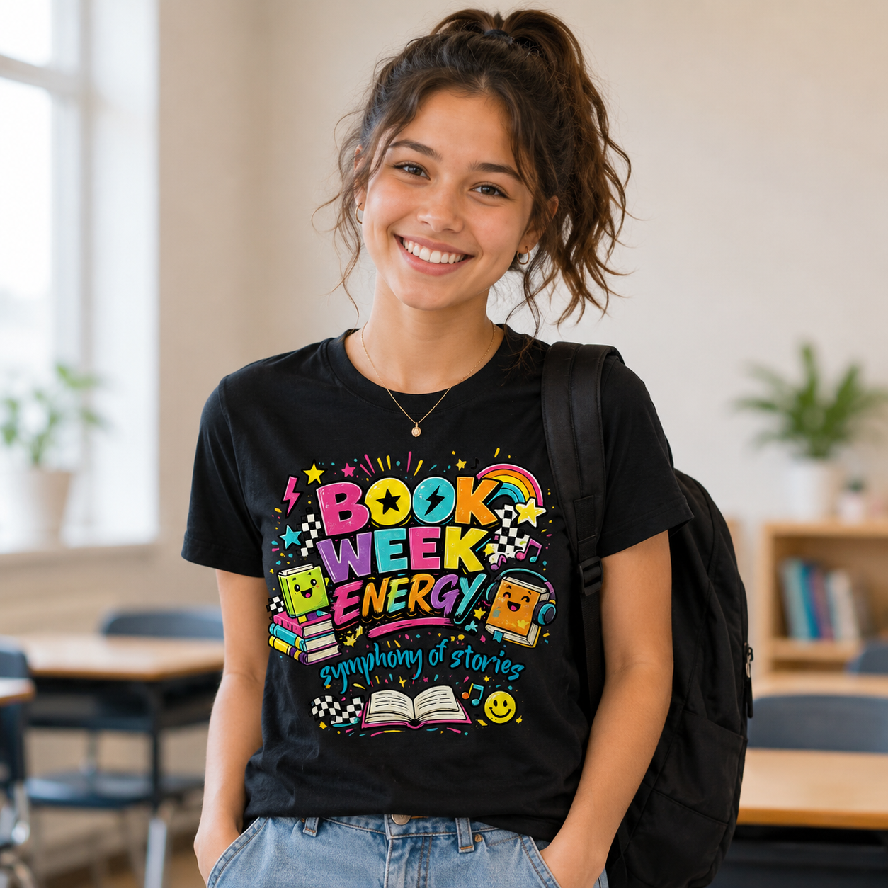 Person wearing a black t-shirt with colorful 'Book Week Energy' design in a classroom setting.