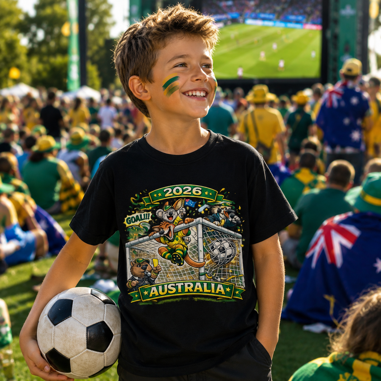 Young boy at a soccer match wearing a 2026 Australia t-shirt, holding a soccer ball.
