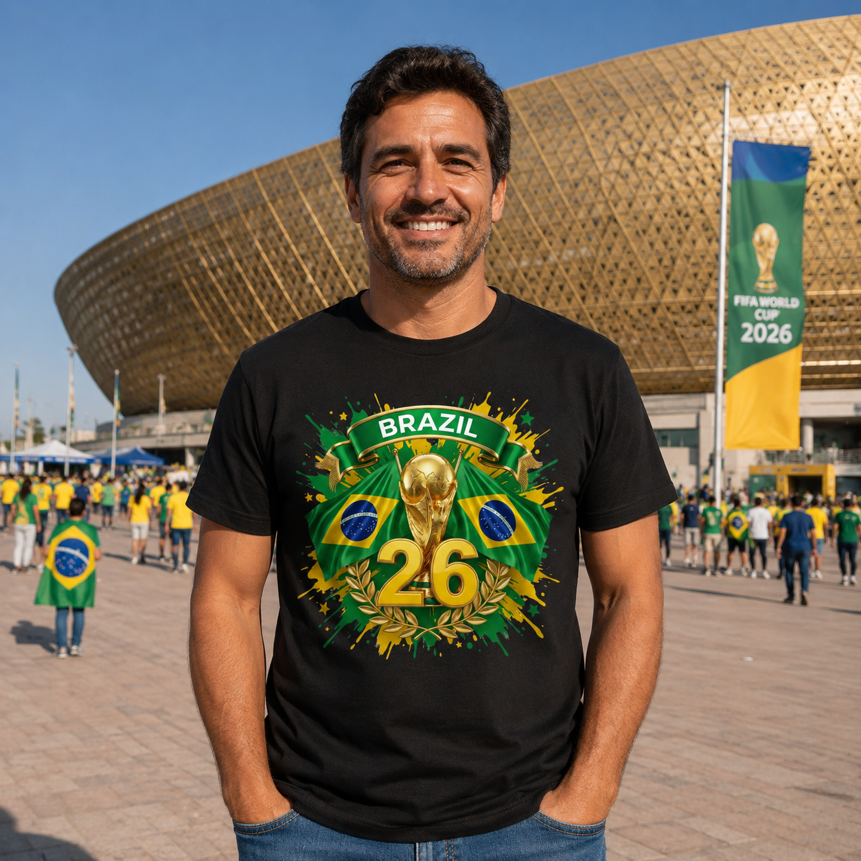 Man wearing a Brazil 2026 t-shirt in front of a stadium with people and flags in the background.