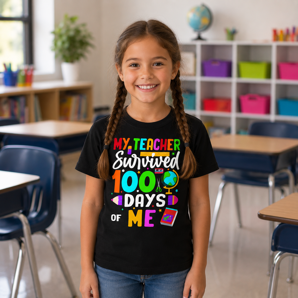 Girl wearing a black t-shirt with colorful text in a classroom setting