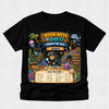 A black short-sleeve t-shirt with a colorful graphic print on the front featuring an underwater scene and a 'Book Week Quest Under the Sea Harry' treasure hunt checklist.